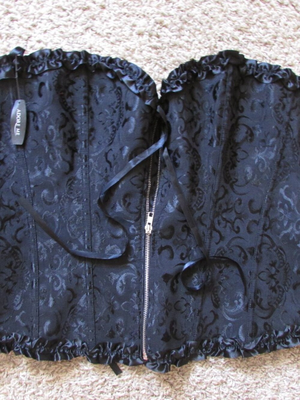 NWT Adore Me 2X Jacquard Zip Front Bustier Corset Black Satin Ruffle Trim